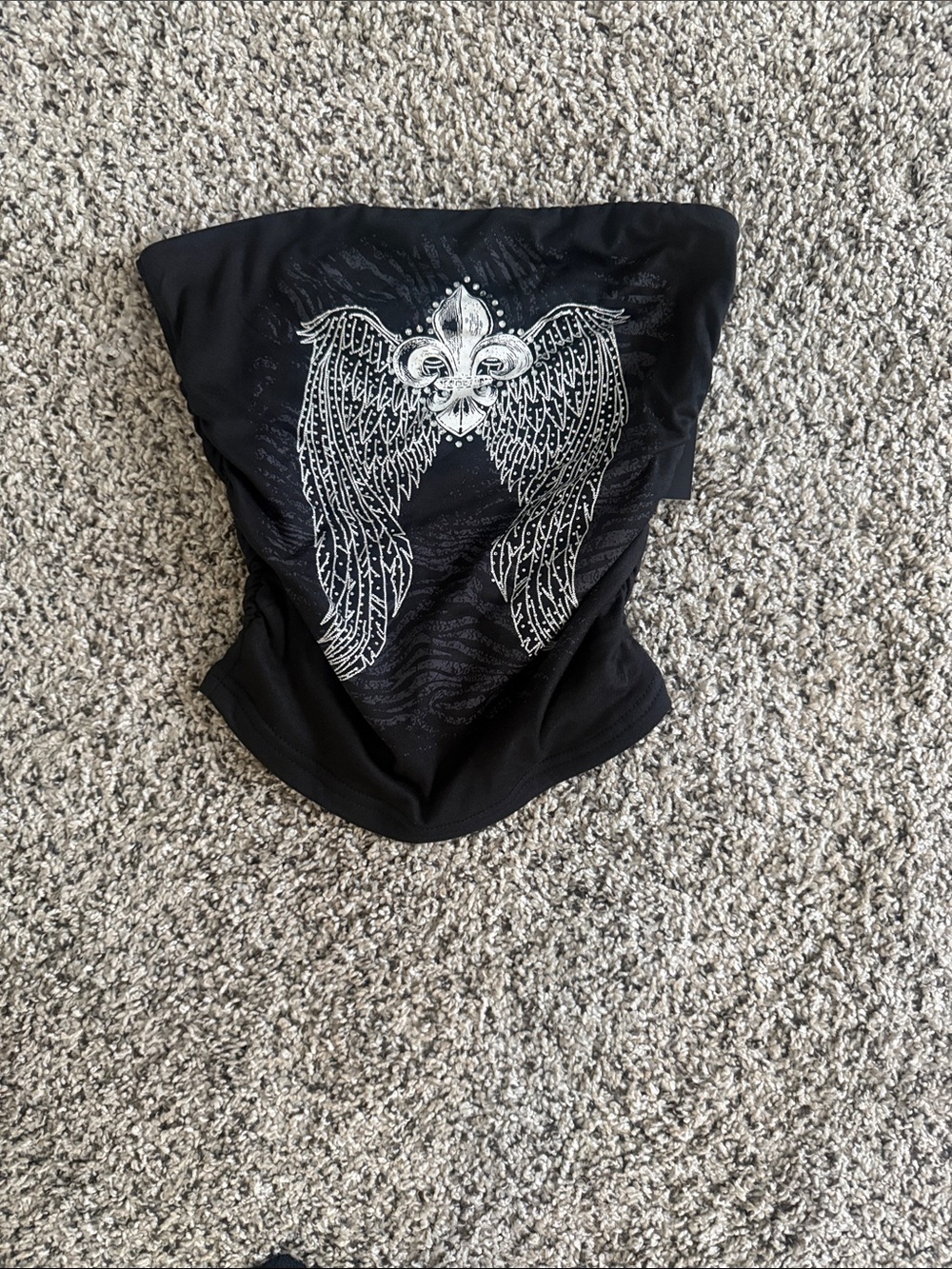 Black Women's Strapless Crop Top with Silver Fleur-de-Lis & Wing Motif